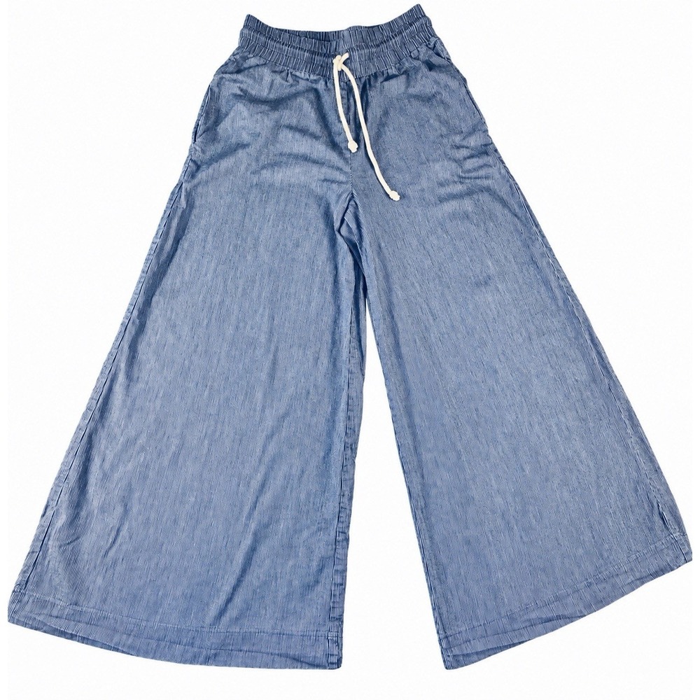 Anthropologie Womens Medium Blue White Striped Wide Leg Pants Smocked Drawstring